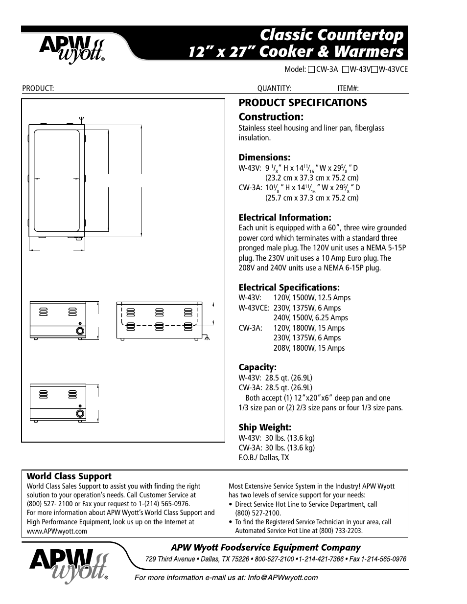 Classic countertop, Cooker & warmers, 12” x 27 | Product specifications construction | APW Wyott CW-3A User Manual | Page 2 / 2