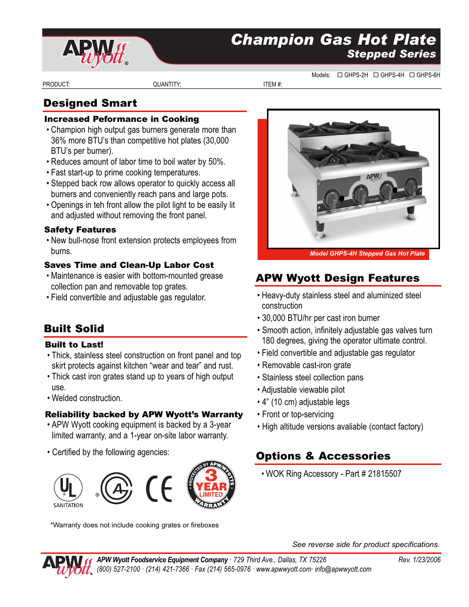 APW Wyott Gas Hot Plate GHPS-6H User Manual | 2 pages