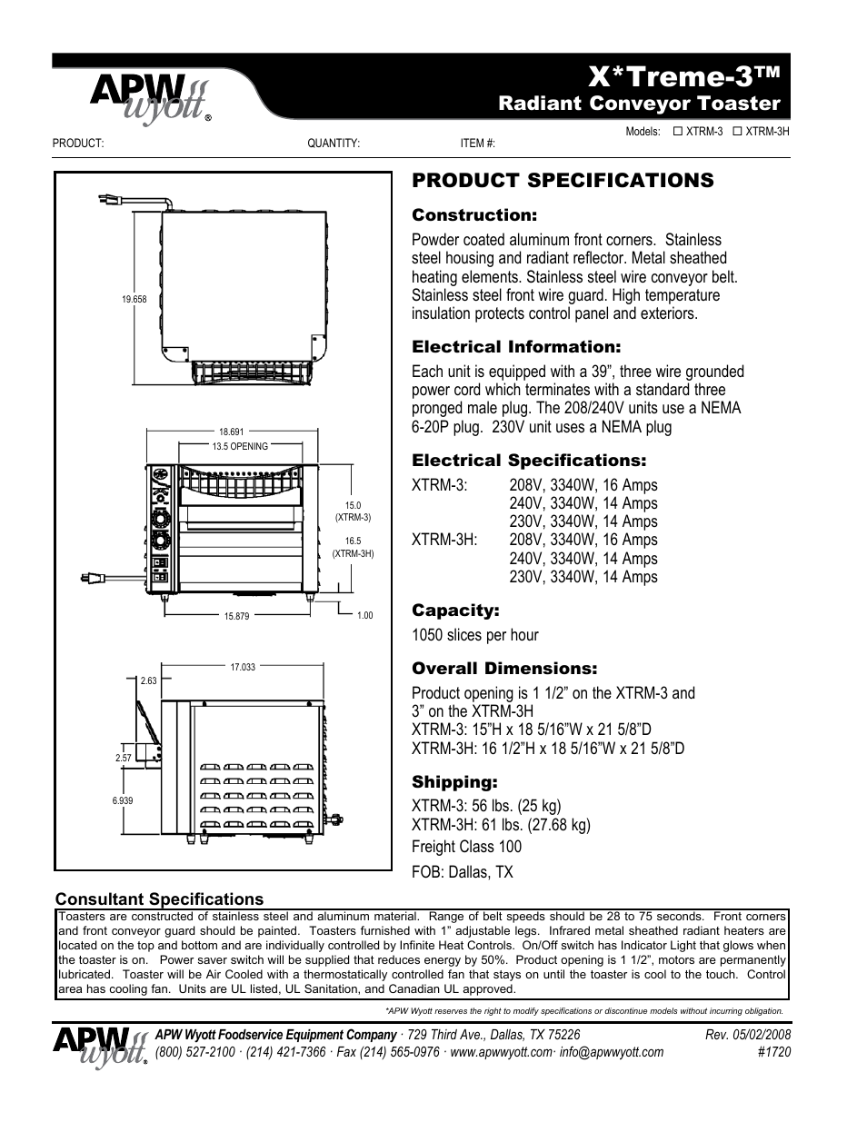 X*treme-3, Radiant conveyor toaster, Product specifications | APW Wyott XTRM-3H User Manual | Page 2 / 2