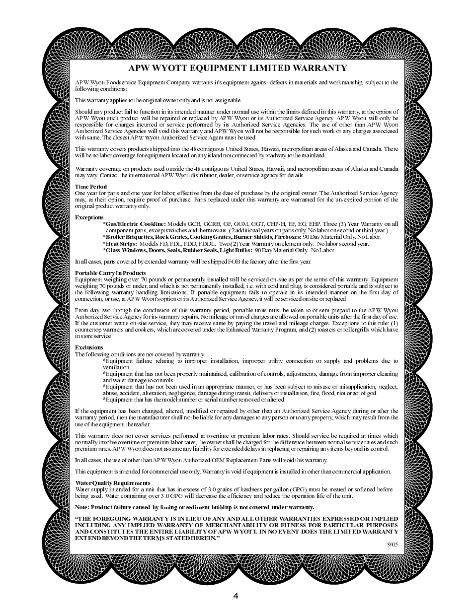 Apw wyott equipment limited warranty | APW Wyott DWC13 User Manual | Page 4 / 4