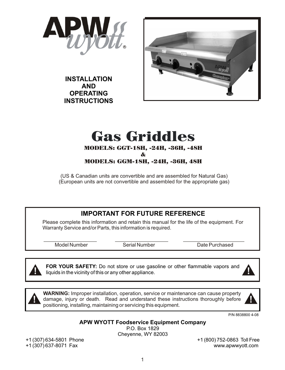 APW Wyott GGT-48H User Manual | 16 pages