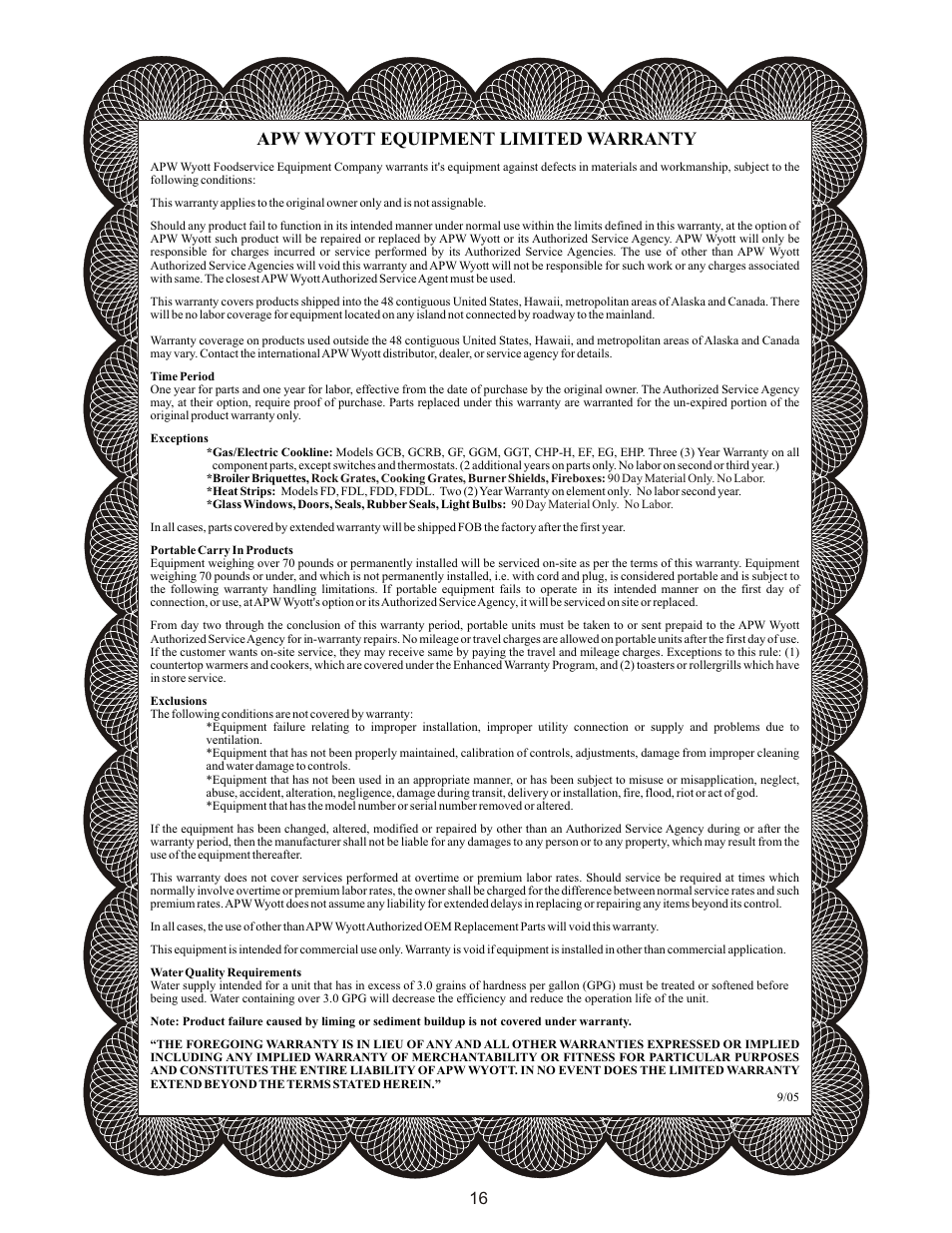Apw wyott equipment limited warranty | APW Wyott GGT-48H User Manual | Page 16 / 16