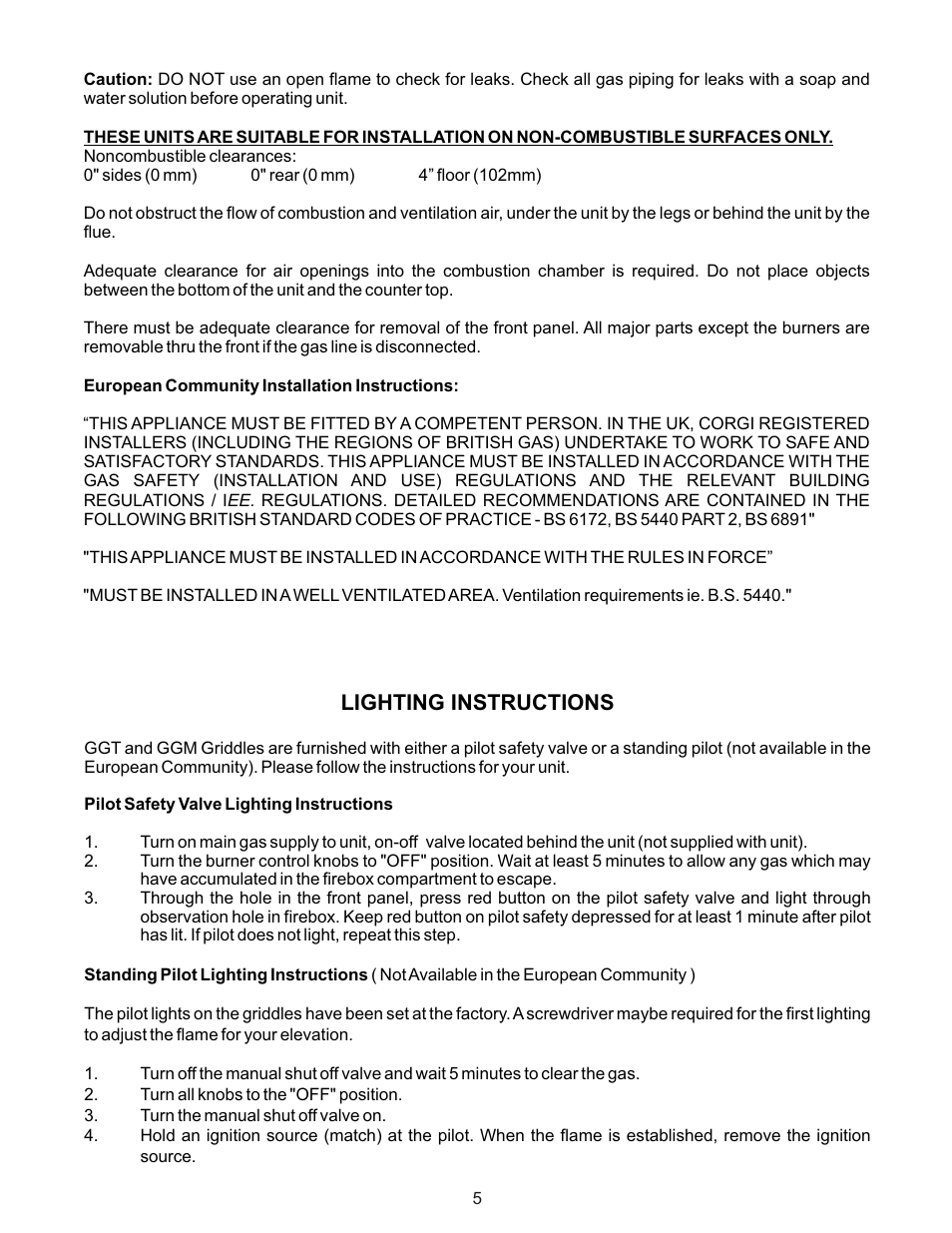 Lighting instructions | APW Wyott GGT-48H User Manual | Page 5 / 16