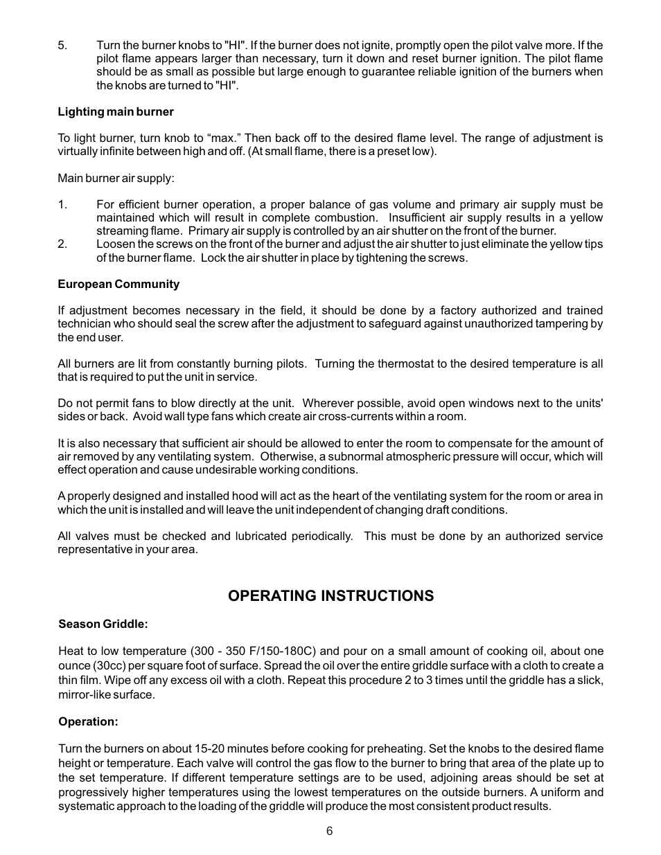 Operating instructions | APW Wyott GGT-48H User Manual | Page 6 / 16