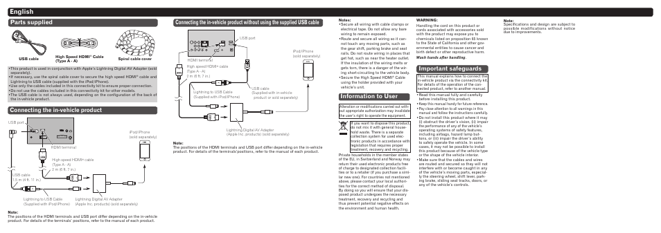 English, Connecting the in-vehicle product parts supplied, Information to user | Important safeguards | Pioneer CD-IH202 User Manual | Page 2 / 7