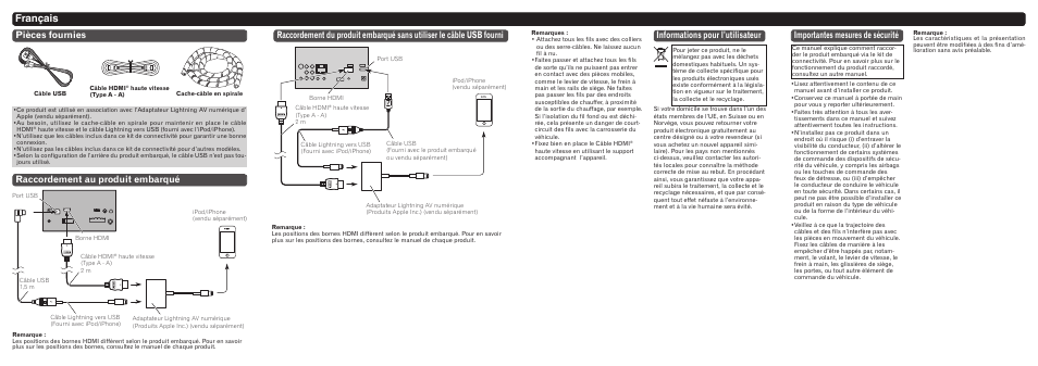 Français, Raccordement au produit embarqué pièces fournies, Informations pour l’utilisateur | Importantes mesures de sécurité | Pioneer CD-IH202 User Manual | Page 3 / 7