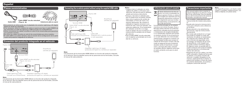 Español, Información para el usuario, Precauciones importantes | Pioneer CD-IH202 User Manual | Page 5 / 7