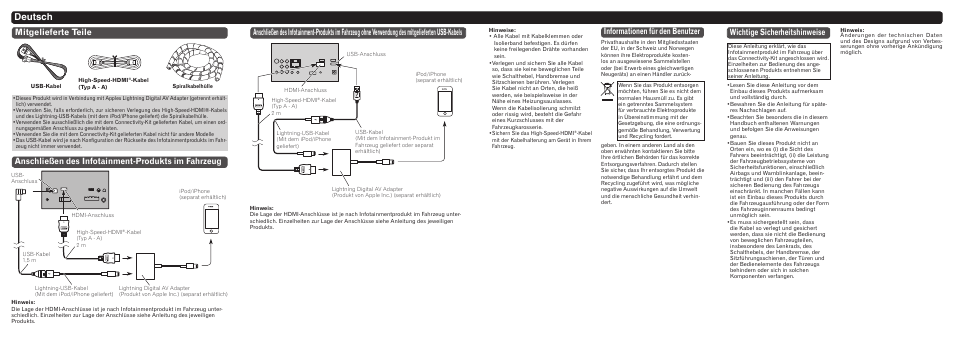 Deutsch, Informationen für den benutzer, Wichtige sicherheitshinweise | Pioneer CD-IH202 User Manual | Page 6 / 7