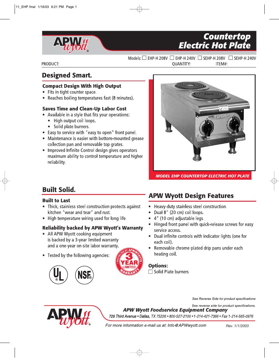 APW Wyott EHP-H User Manual | 2 pages