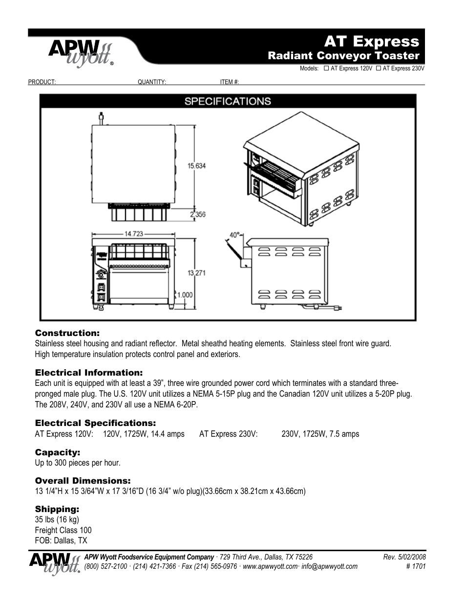 At express, Radiant conveyor toaster | APW Wyott AT Express User Manual | Page 2 / 2