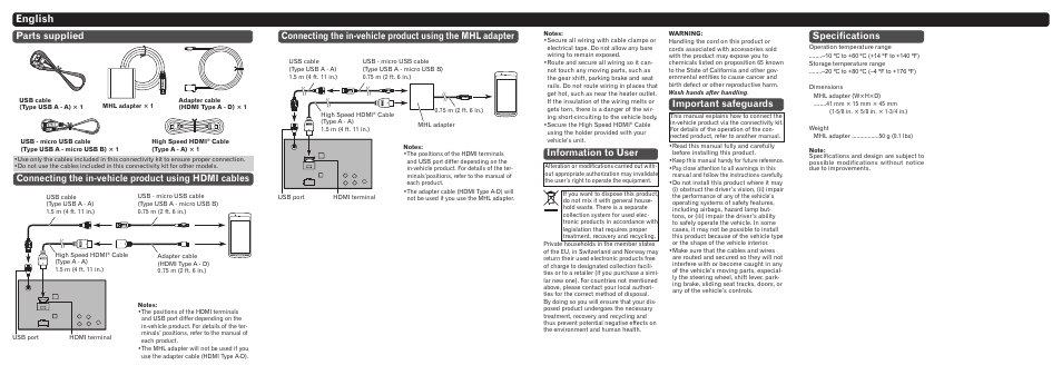 English, Specifications, Information to user | Important safeguards | Pioneer CD-AH200 User Manual | Page 2 / 8
