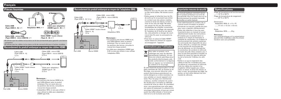 Français, Informations pour l’utilisateur, Importantes mesures de sécurité | Spécifications | Pioneer CD-AH200 User Manual | Page 3 / 8