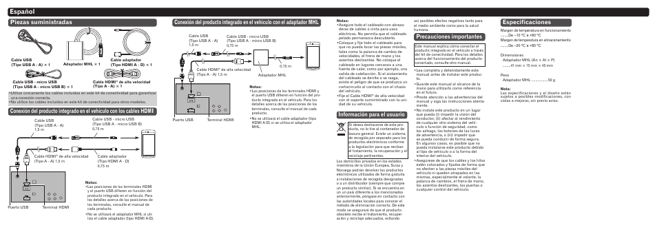 Español, Información para el usuario, Precauciones importantes | Especificaciones | Pioneer CD-AH200 User Manual | Page 5 / 8