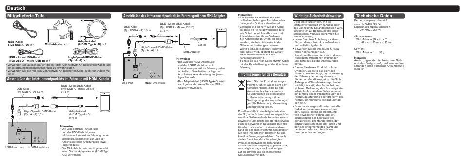 Deutsch, Informationen für den benutzer, Wichtige sicherheitshinweise | Technische daten | Pioneer CD-AH200 User Manual | Page 6 / 8