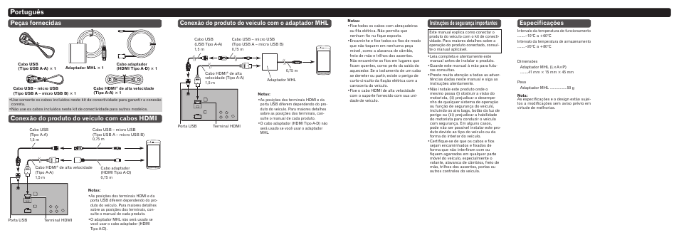 Português, Especificações, Instruções de segurança importantes | Conexão do produto do veículo com o adaptador mhl | Pioneer CD-AH200 User Manual | Page 8 / 8