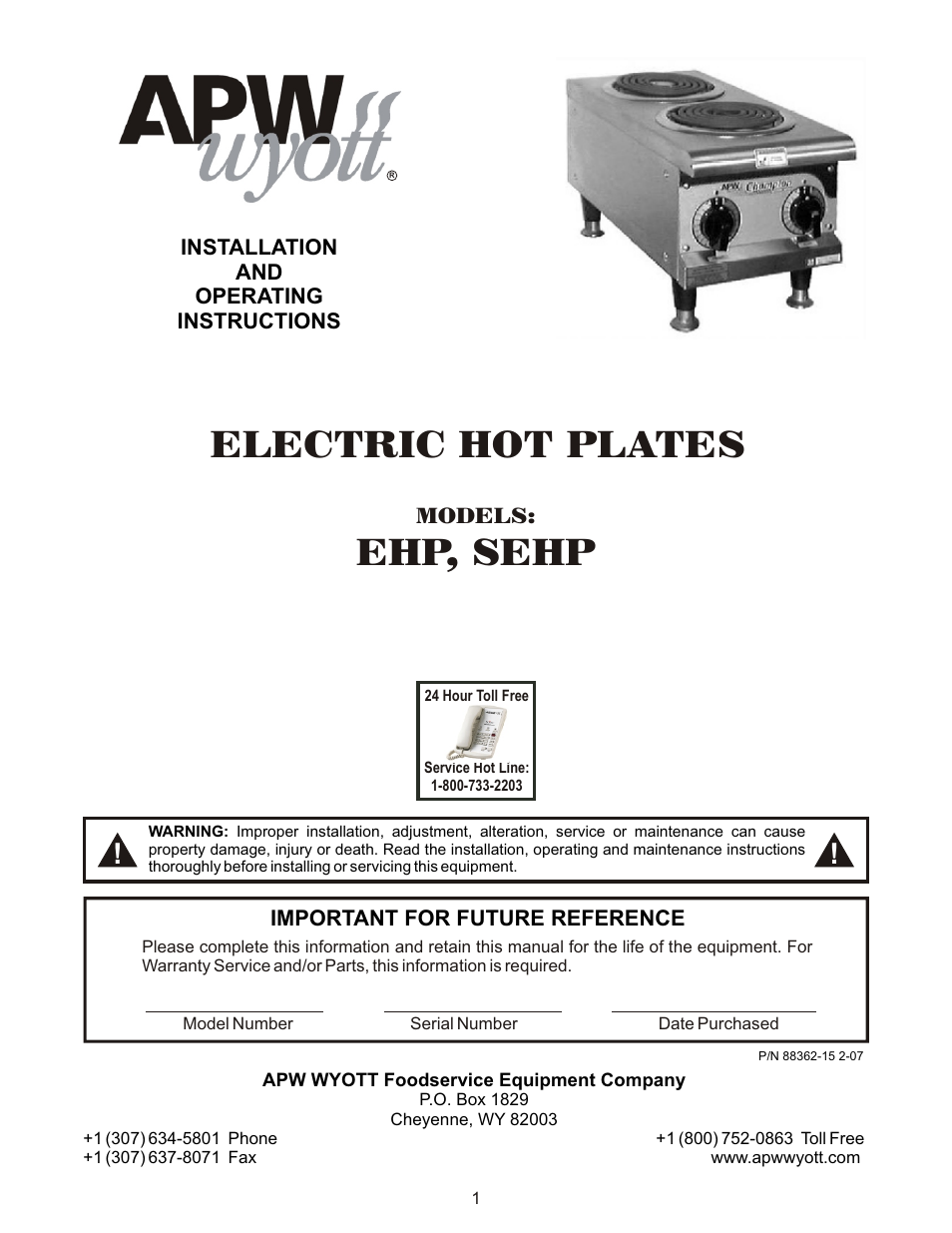 APW Wyott EHP User Manual | 8 pages