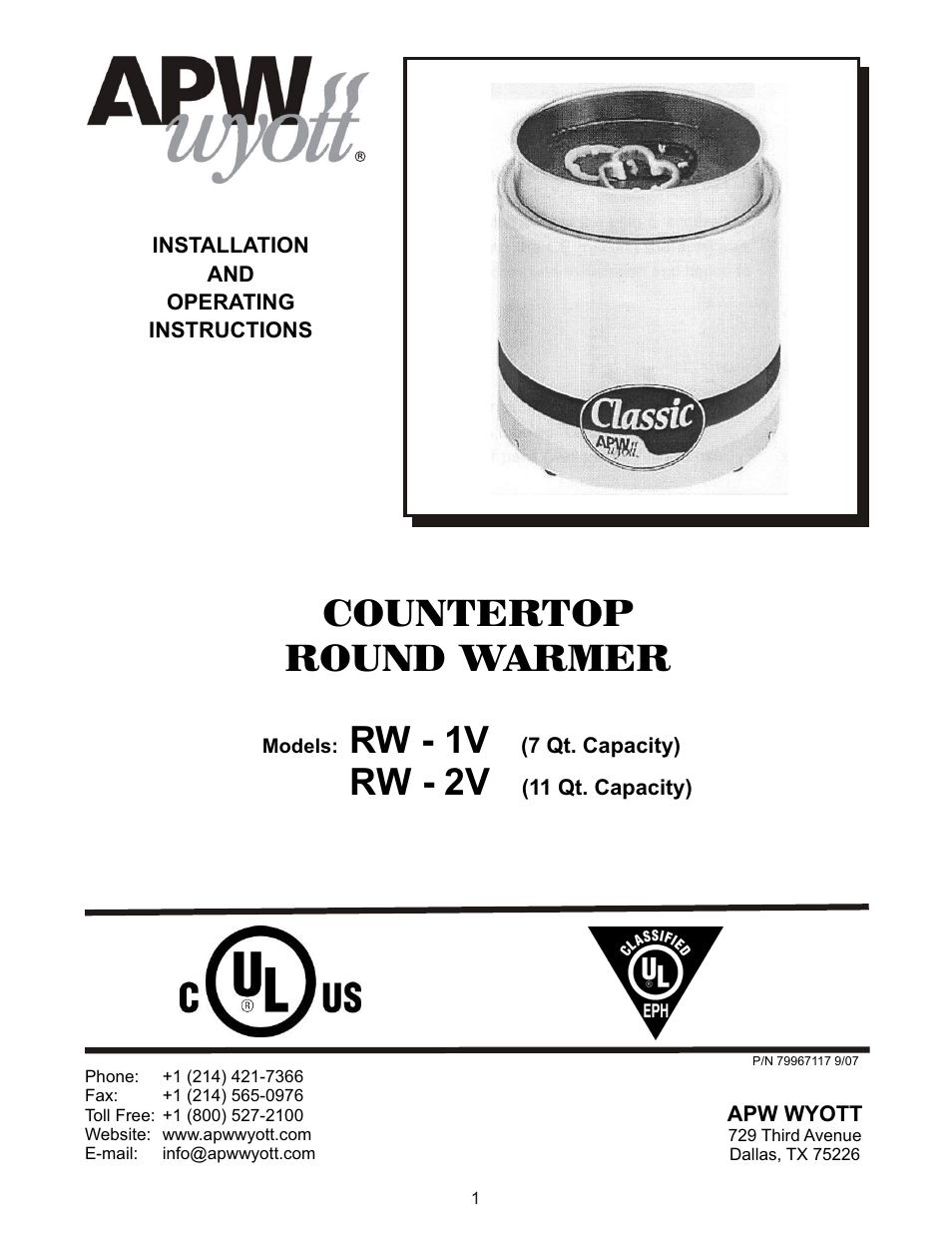 APW Wyott RW-2V User Manual | 8 pages