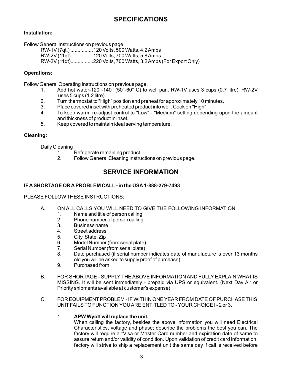Specifications, Service information | APW Wyott RW-2V User Manual | Page 3 / 8