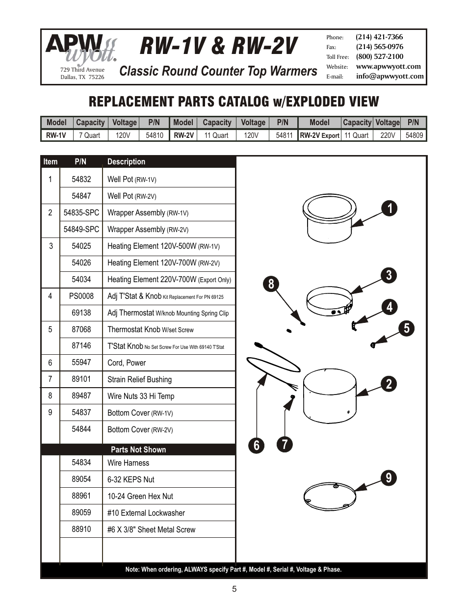 Rw-1v & rw-2v, Classic round counter top warmers, Replacement parts catalog w/exploded view | APW Wyott RW-2V User Manual | Page 5 / 8