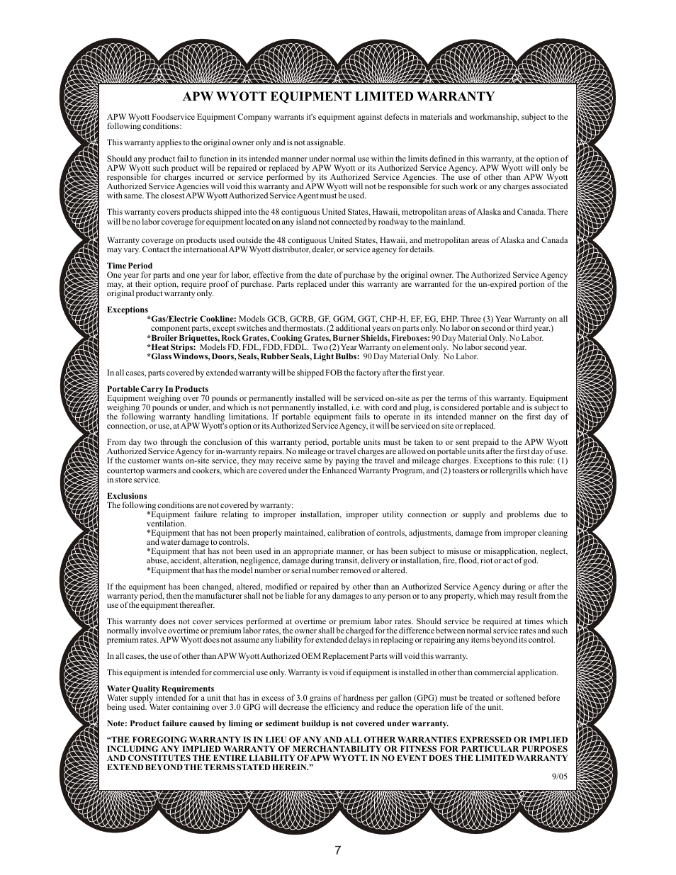 Apw wyott equipment limited warranty | APW Wyott RW-2V User Manual | Page 7 / 8