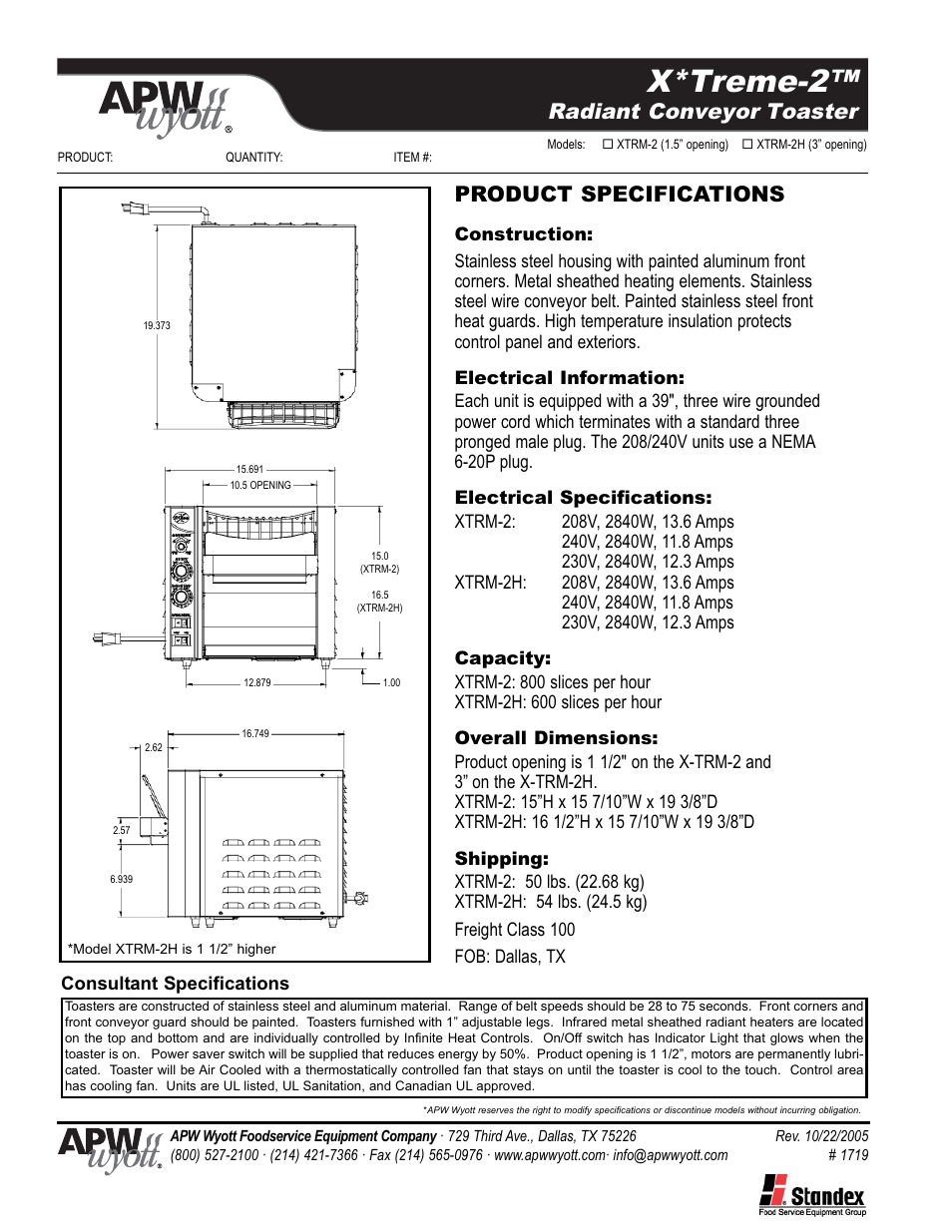 X*treme-2, Radiant conveyor toaster, Product specifications | APW Wyott X-TREME2 XTRM-2H User Manual | Page 2 / 2