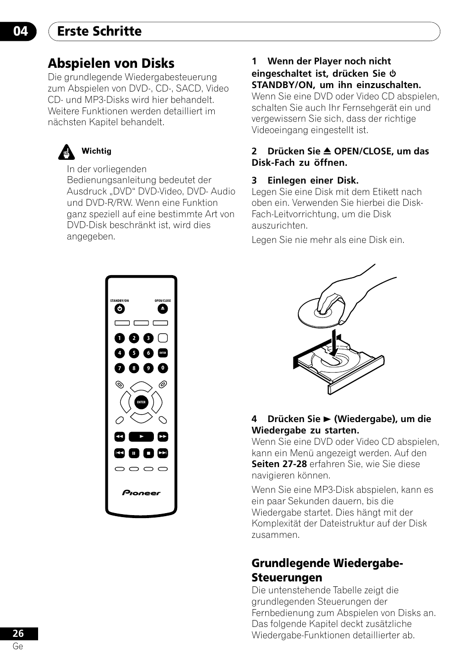 Abspielen von disks, Grundlegende wiedergabe-steuerungen . 26, Erste schritte 04 | Grundlegende wiedergabe- steuerungen | Pioneer DV-656A-S User Manual | Page 100 / 148