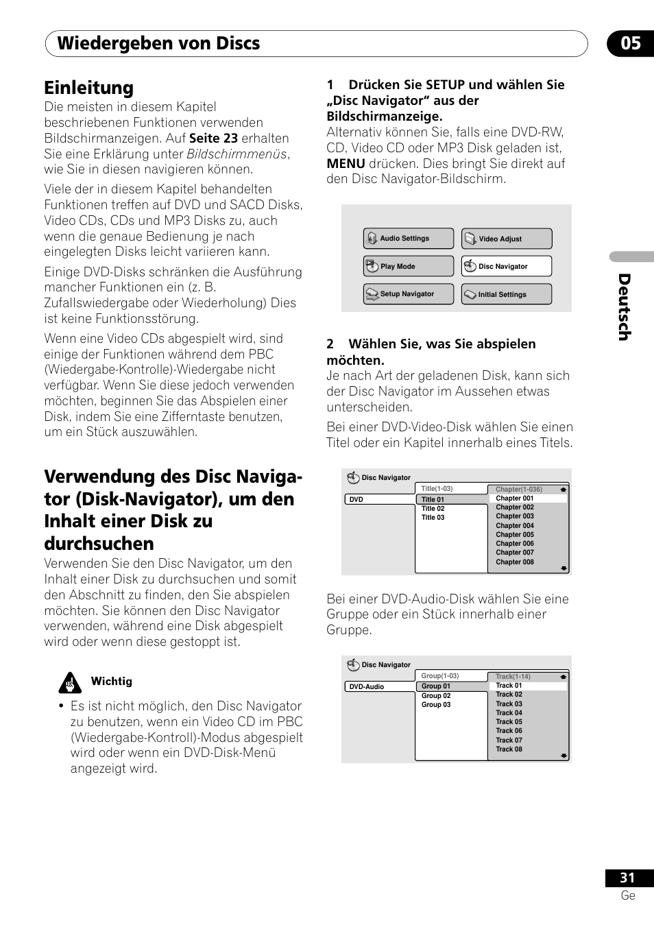 Wiedergeben von discs 05, Einleitung, Deutsch | Pioneer DV-656A-S User Manual | Page 105 / 148