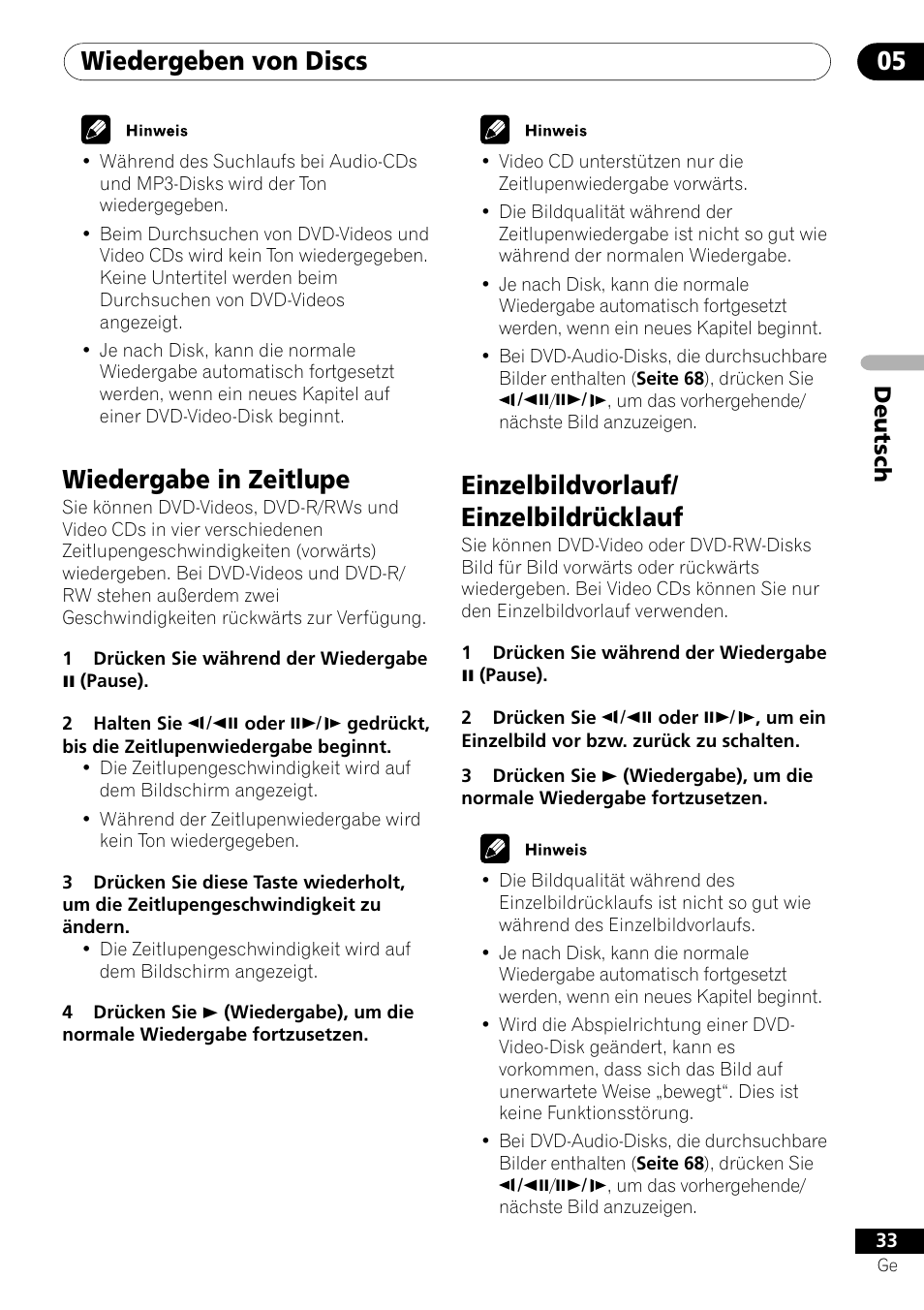 Wiedergeben von discs 05, Wiedergabe in zeitlupe, Einzelbildvorlauf/ einzelbildrücklauf | Deutsch | Pioneer DV-656A-S User Manual | Page 107 / 148