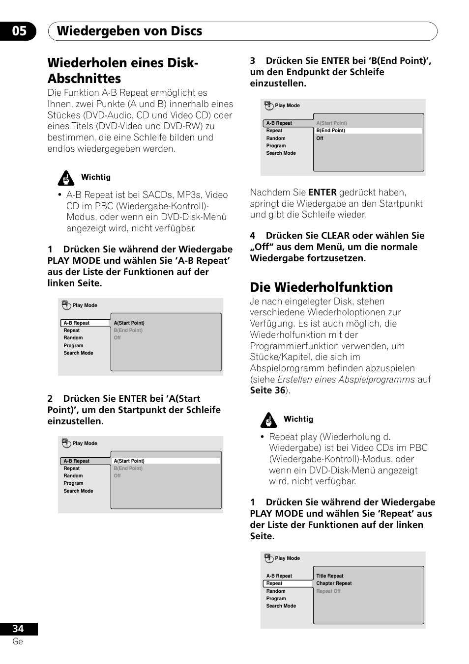 Wiedergeben von discs 05, Wiederholen eines disk- abschnittes, Die wiederholfunktion | Pioneer DV-656A-S User Manual | Page 108 / 148
