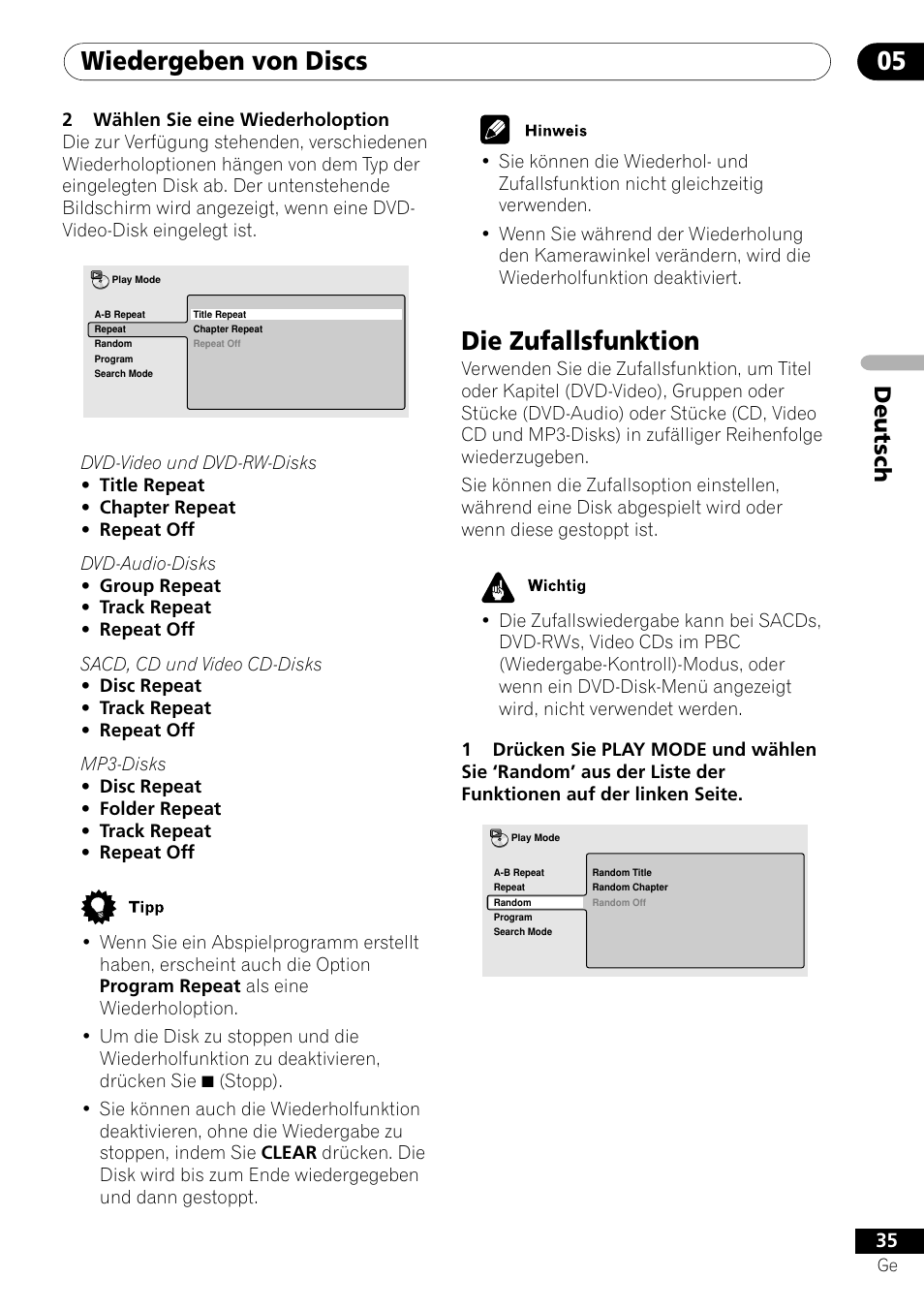 Die zufallsfunktion, Wiedergeben von discs 05, Deutsch | Pioneer DV-656A-S User Manual | Page 109 / 148