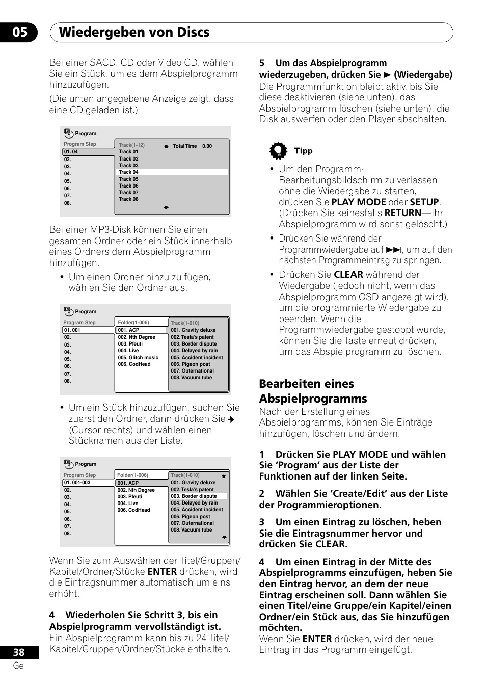 Bearbeiten eines abspielprogramms, Wiedergeben von discs 05 | Pioneer DV-656A-S User Manual | Page 112 / 148