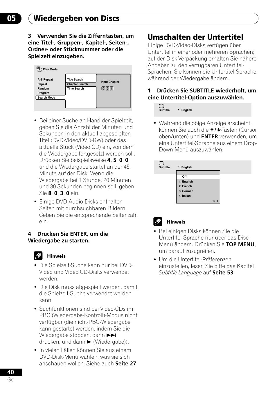 Umschalten der untertitel, Wiedergeben von discs 05 | Pioneer DV-656A-S User Manual | Page 114 / 148