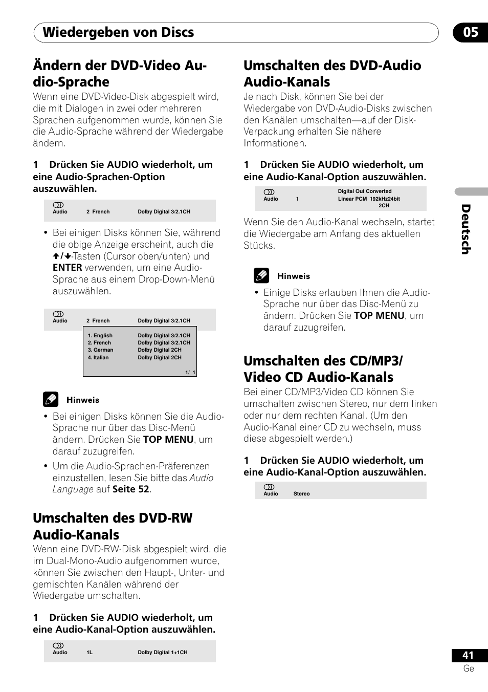 Wiedergeben von discs 05, Ändern der dvd-video au- dio-sprache, Umschalten des dvd-rw audio-kanals | Umschalten des dvd-audio audio-kanals, Umschalten des cd/mp3/ video cd audio-kanals, Deutsch | Pioneer DV-656A-S User Manual | Page 115 / 148