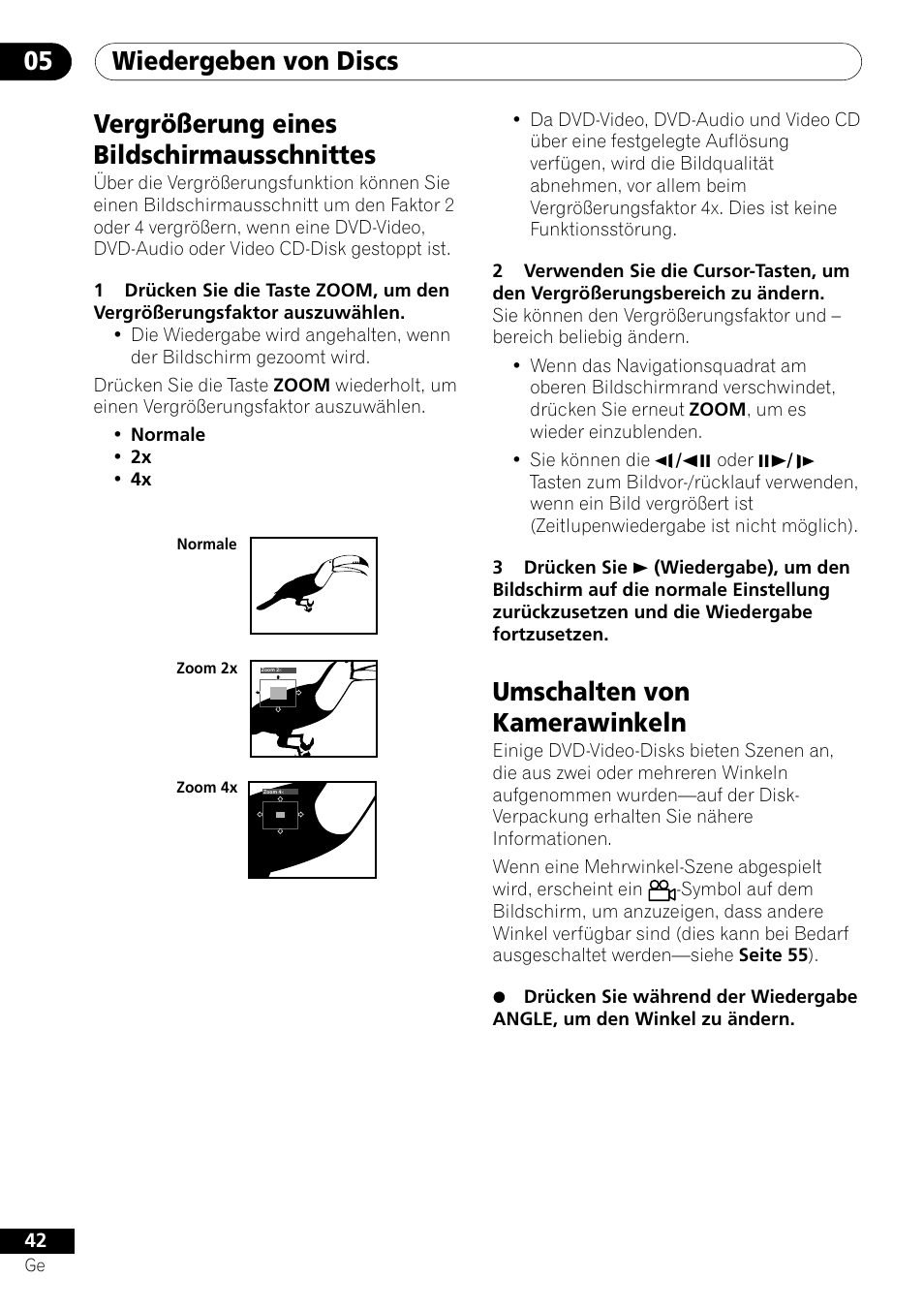 Wiedergeben von discs 05, Vergrößerung eines bildschirmausschnittes, Umschalten von kamerawinkeln | Pioneer DV-656A-S User Manual | Page 116 / 148