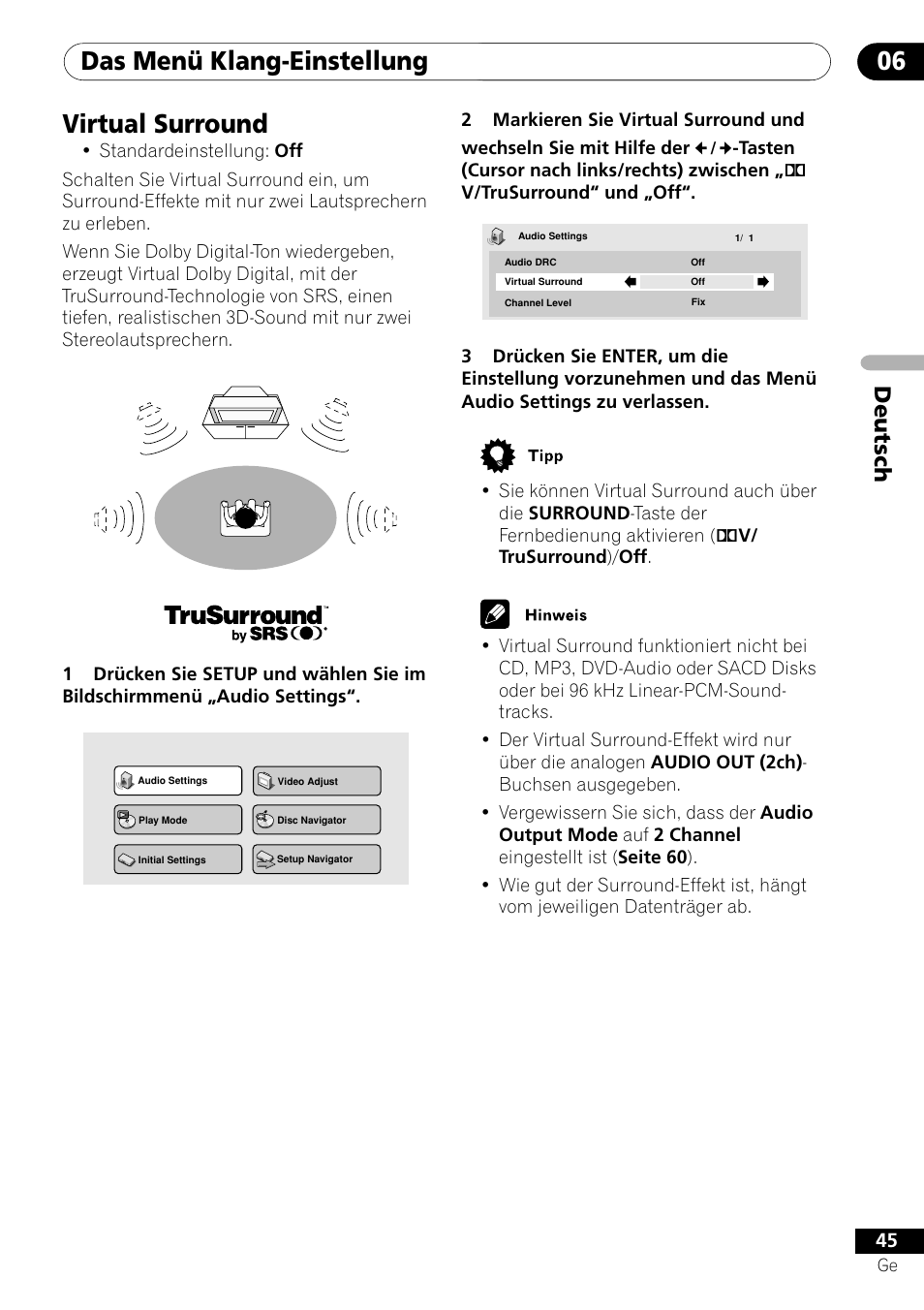 Virtual surround, Das menü klang-einstellung 06, Deutsch | Pioneer DV-656A-S User Manual | Page 119 / 148