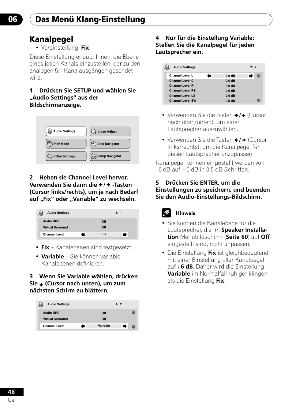 Kanalpegel, Das menü klang-einstellung 06, Verwenden sie die tasten | Pioneer DV-656A-S User Manual | Page 120 / 148