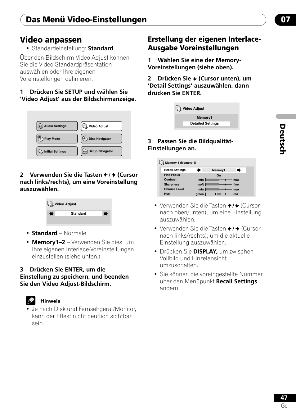 Video anpassen, Das menü video-einstellungen 07 | Pioneer DV-656A-S User Manual | Page 121 / 148