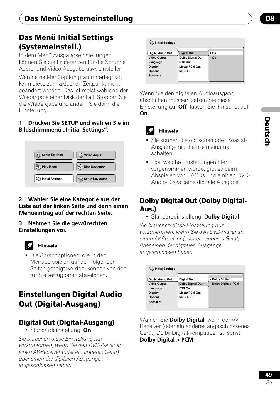 Digital out dolby digital out, Das menü systemeinstellung 08, Das menü initial settings (systemeinstell.) | Einstellungen digital audio out (digital-ausgang), Deutsch, Dolby digital out (dolby digital- aus.), Digital out (digital-ausgang) | Pioneer DV-656A-S User Manual | Page 123 / 148