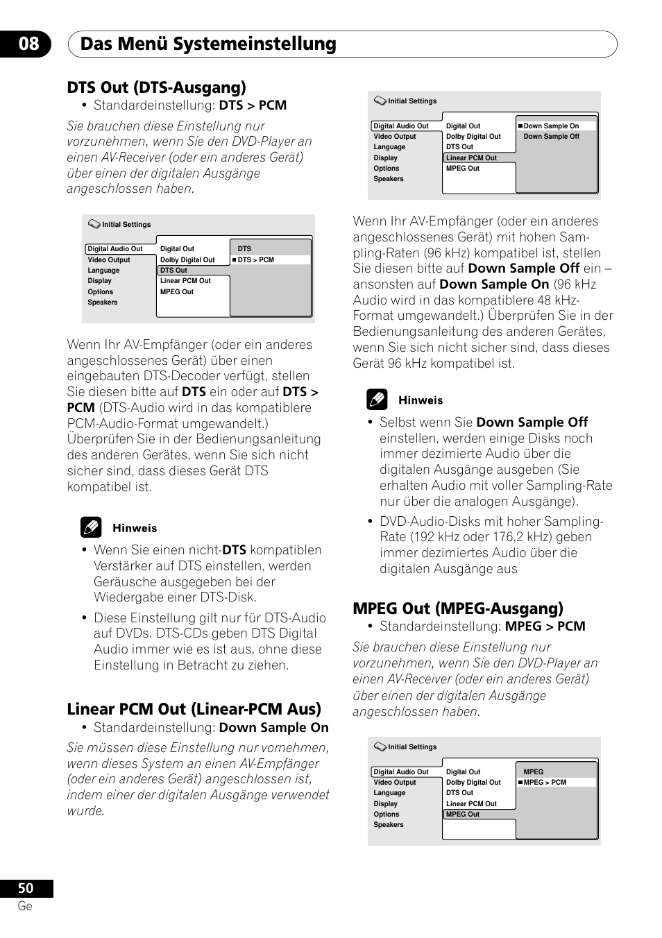 Dts out linear pcm out mpeg out, Das menü systemeinstellung 08, Mpeg out (mpeg-ausgang) | Dts out (dts-ausgang), Linear pcm out (linear-pcm aus) | Pioneer DV-656A-S User Manual | Page 124 / 148