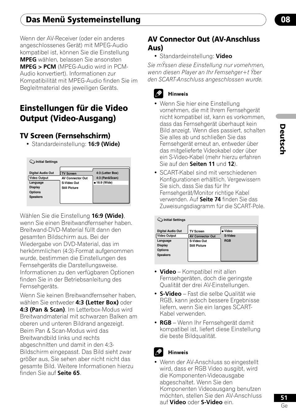 Einstellungen für die video output, Tv screen av connector out, Das menü systemeinstellung 08 | Einstellungen für die video output (video-ausgang), Deutsch av connector out (av-anschluss aus), Tv screen (fernsehschirm) | Pioneer DV-656A-S User Manual | Page 125 / 148