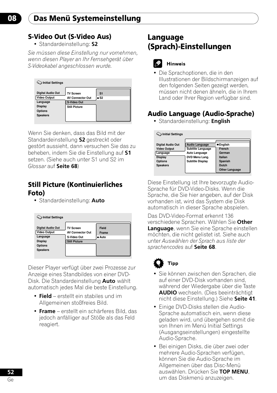 S-video out still picture, Language-einstellungen, Audio language | Das menü systemeinstellung 08, Language (sprach)-einstellungen, S-video out (s-video aus), Still picture (kontinuierliches foto), Audio language (audio-sprache), Standardeinstellung: auto, Standardeinstellung: english | Pioneer DV-656A-S User Manual | Page 126 / 148