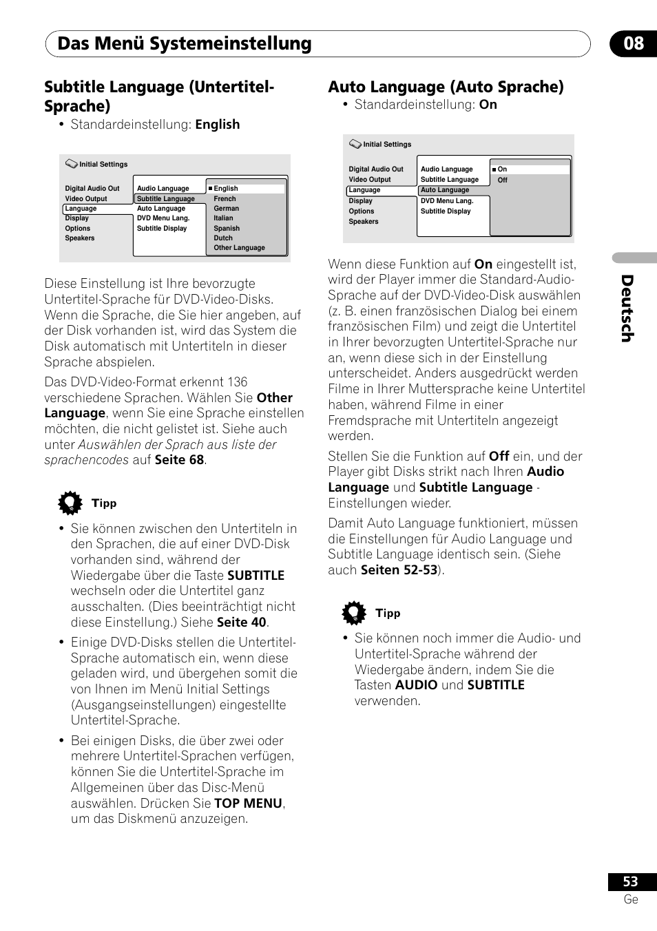 Subtitle language auto language, Das menü systemeinstellung 08, Deutsch subtitle language (untertitel- sprache) | Auto language (auto sprache), Standardeinstellung: english, Standardeinstellung: on | Pioneer DV-656A-S User Manual | Page 127 / 148
