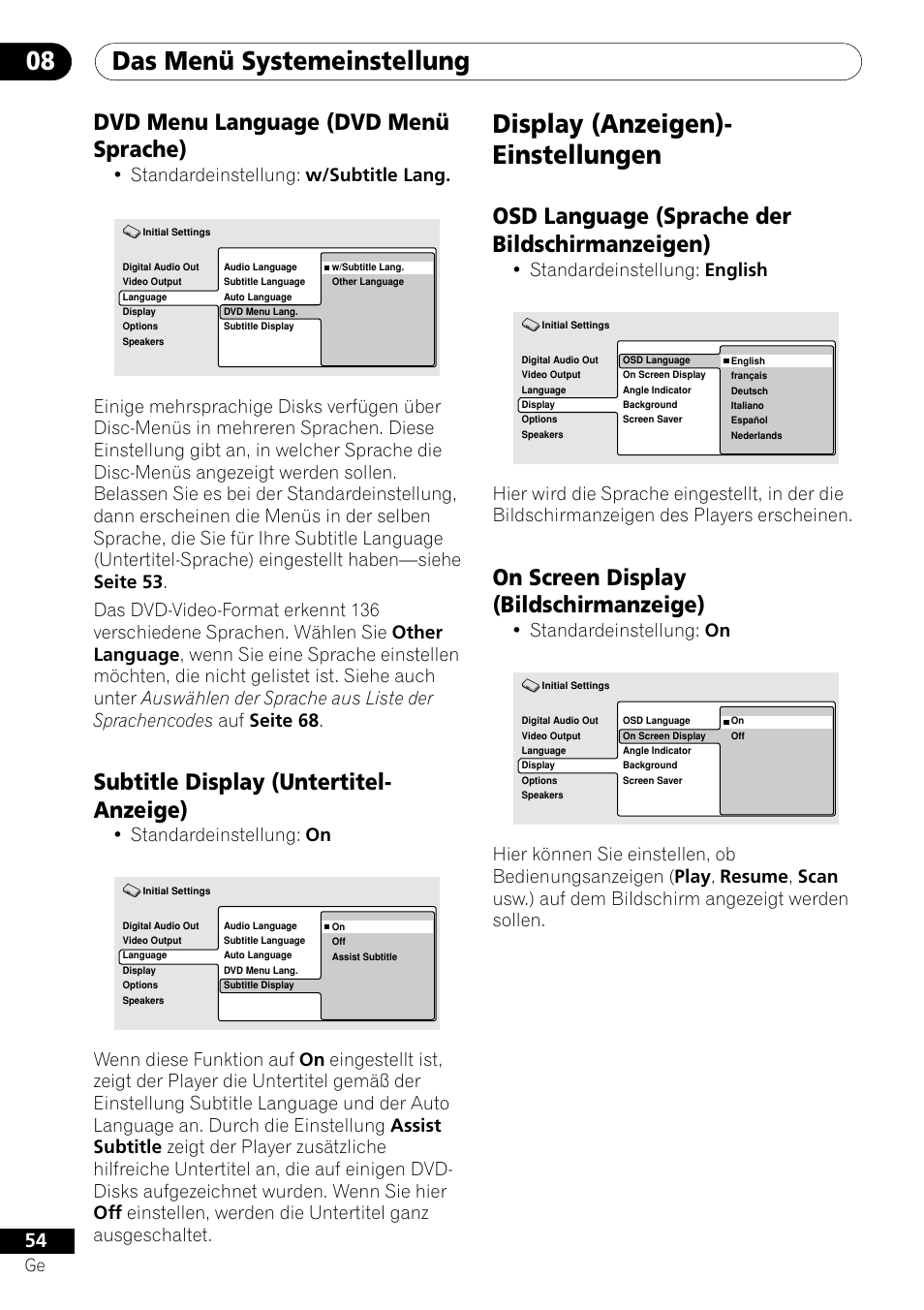 Dvd menu language subtitle display, Display-einstellungen, Osd language on screen display | Das menü systemeinstellung 08, Display (anzeigen)- einstellungen, Dvd menu language (dvd menü sprache), Subtitle display (untertitel- anzeige), Osd language (sprache der bildschirmanzeigen), On screen display (bildschirmanzeige), Standardeinstellung: w/subtitle lang | Pioneer DV-656A-S User Manual | Page 128 / 148