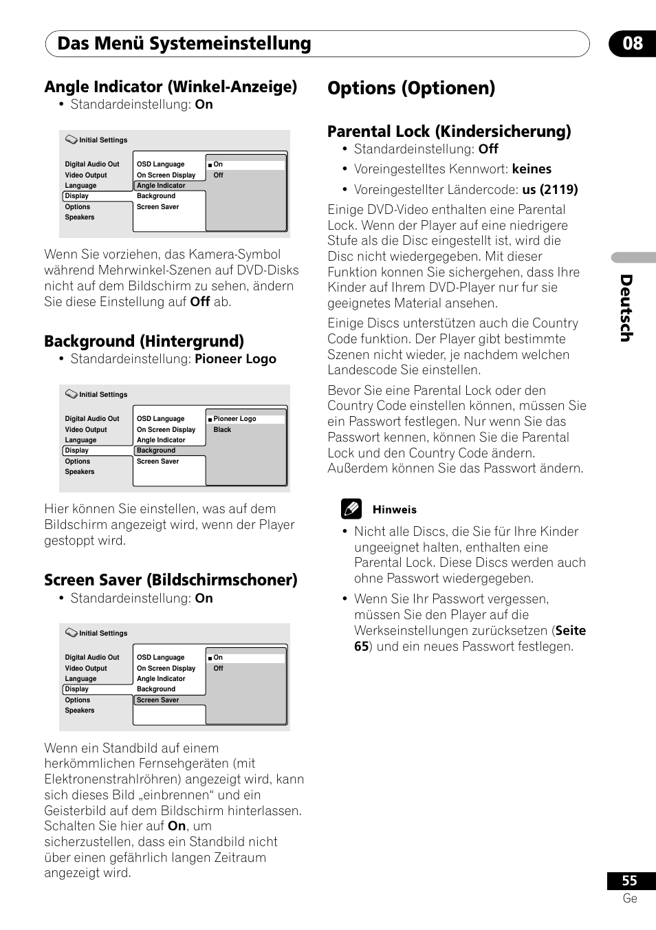 Angle indicator background screen saver, Options, Parental lock | Das menü systemeinstellung 08, Options (optionen), Deutsch angle indicator (winkel-anzeige), Background (hintergrund), Screen saver (bildschirmschoner), Parental lock (kindersicherung), Standardeinstellung: on | Pioneer DV-656A-S User Manual | Page 129 / 148