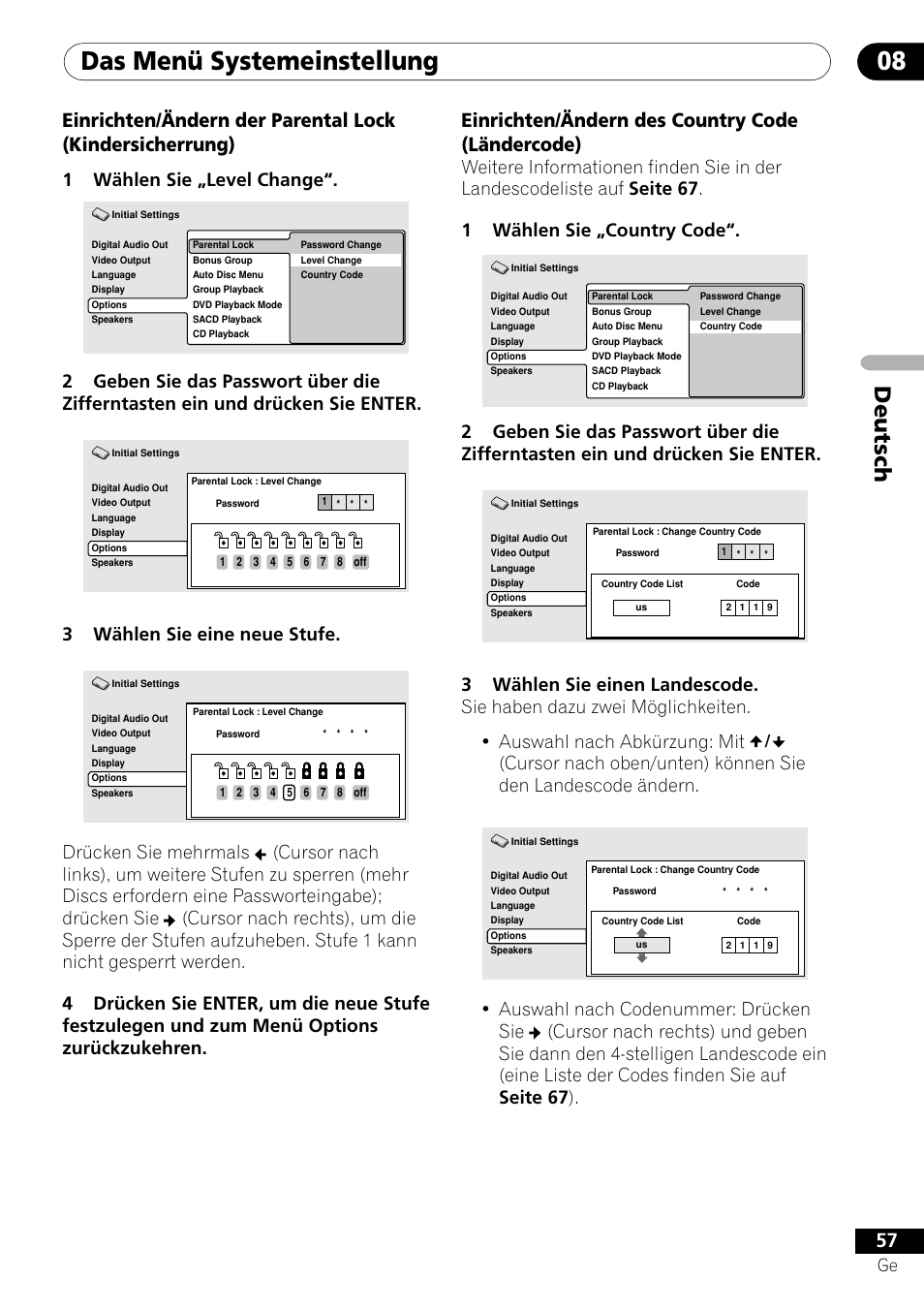 Das menü systemeinstellung 08, Deutsch, Einrichten/ändern des country code (ländercode) | 1wählen sie „level change, 3wählen sie eine neue stufe | Pioneer DV-656A-S User Manual | Page 131 / 148