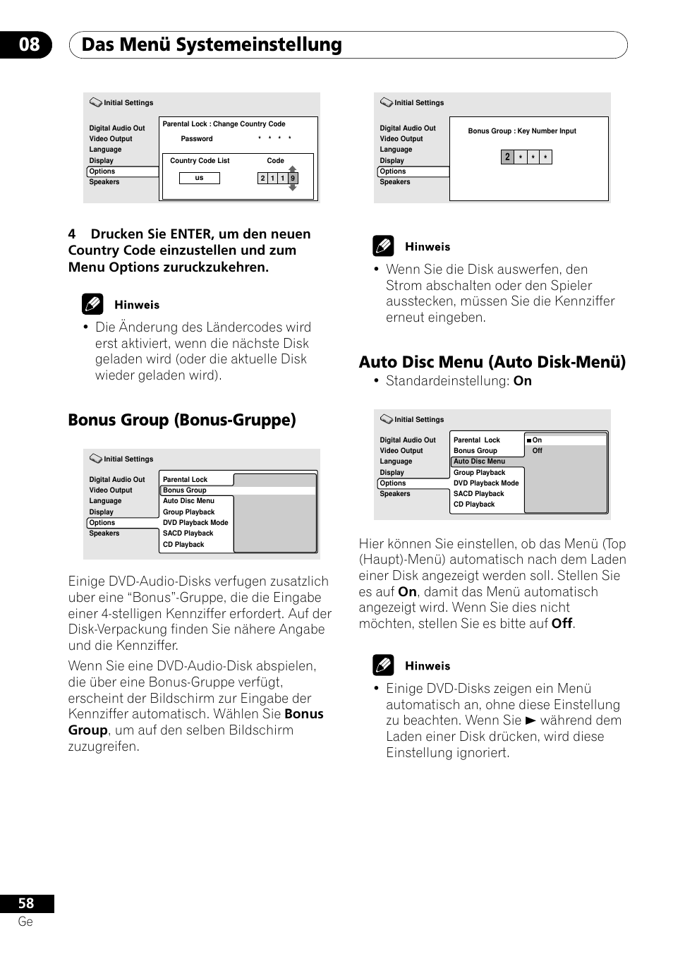 Bonus group, Auto disc menu, Das menü systemeinstellung 08 | Auto disc menu (auto disk-menü), Bonus group (bonus-gruppe), Standardeinstellung: on | Pioneer DV-656A-S User Manual | Page 132 / 148