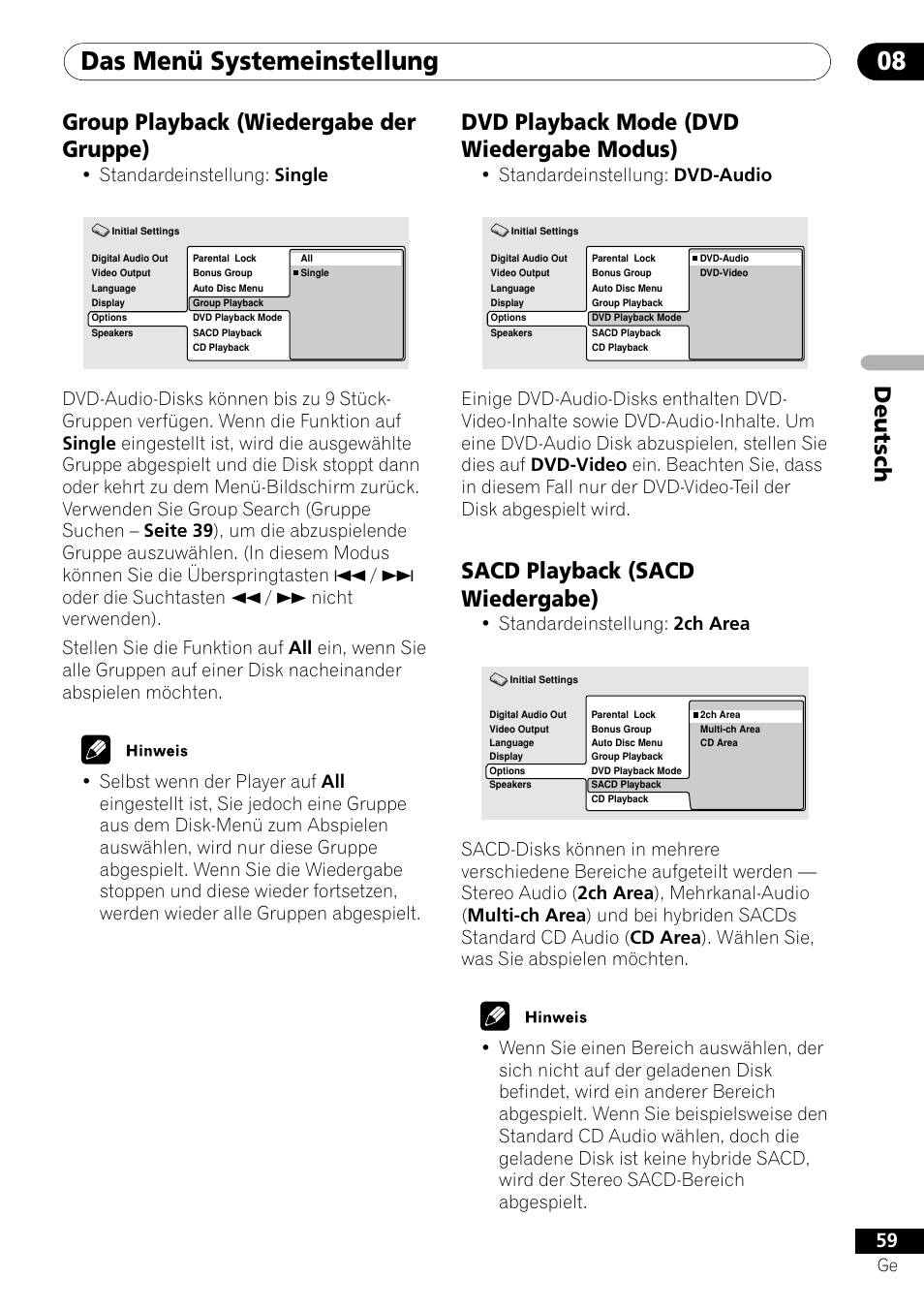 Group playback dvd playback mode sacd playback, Das menü systemeinstellung 08, Deutsch group playback (wiedergabe der gruppe) | Dvd playback mode (dvd wiedergabe modus), Sacd playback (sacd wiedergabe), Standardeinstellung: single, Standardeinstellung: dvd-audio, Standardeinstellung: 2ch area | Pioneer DV-656A-S User Manual | Page 133 / 148