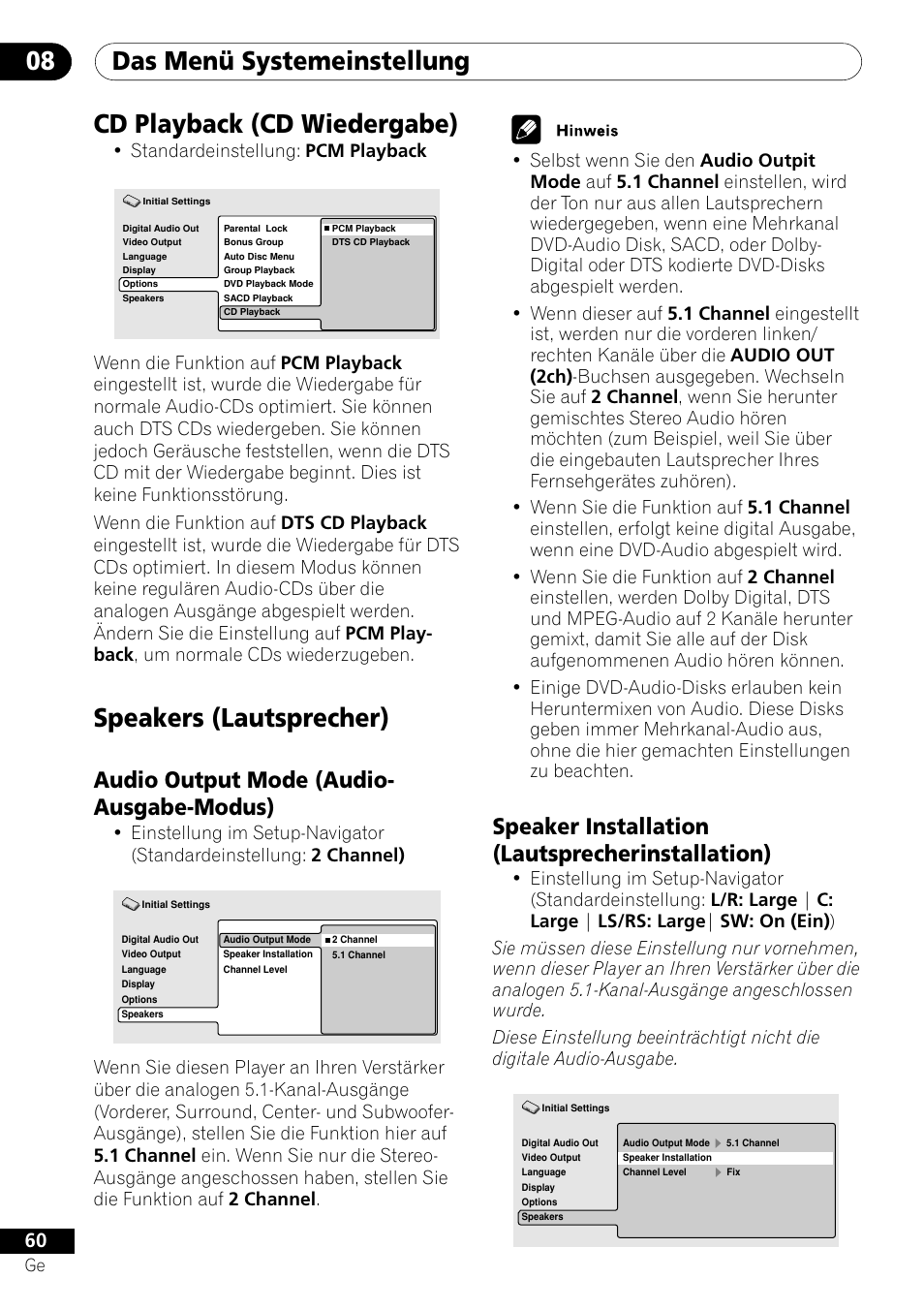 Cd playback, Speakers, Audio output mode speaker installation | Das menü systemeinstellung 08, Cd playback (cd wiedergabe), Speakers (lautsprecher), Speaker installation (lautsprecherinstallation), Audio output mode (audio- ausgabe-modus), Standardeinstellung: pcm playback | Pioneer DV-656A-S User Manual | Page 134 / 148