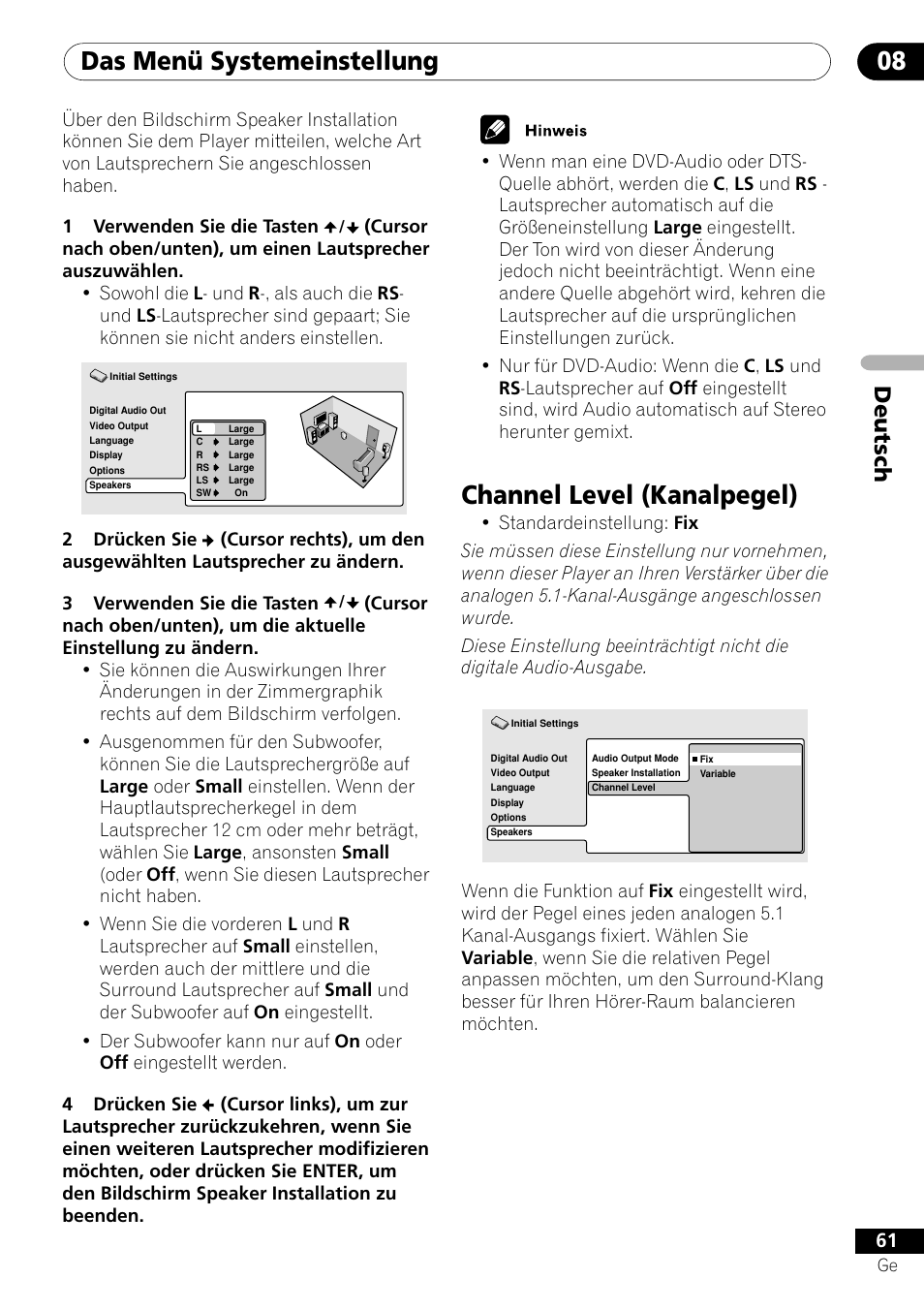 Channel level, Das menü systemeinstellung 08, Channel level (kanalpegel) | Deutsch | Pioneer DV-656A-S User Manual | Page 135 / 148