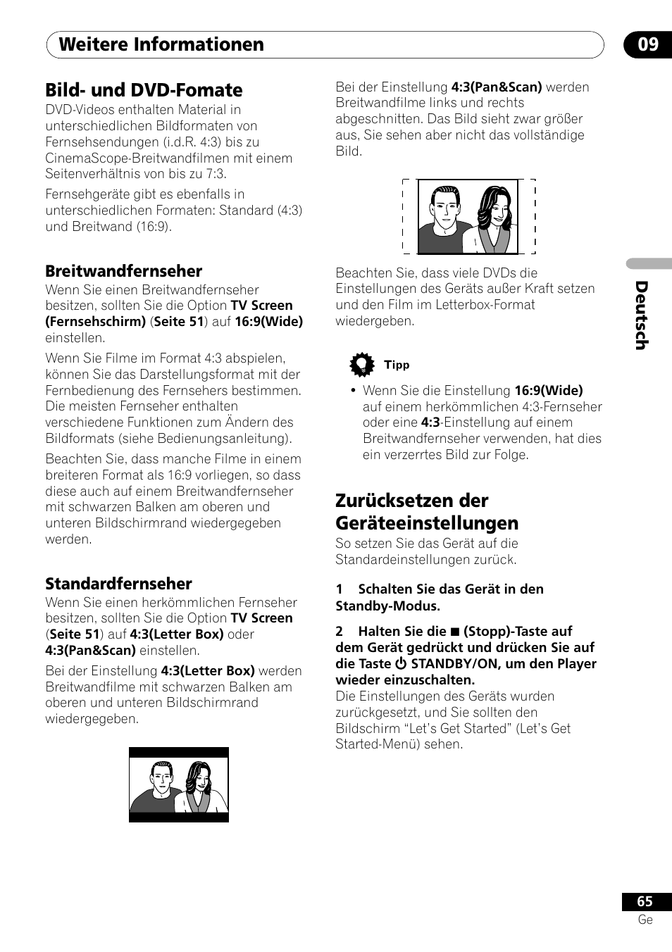 Bild- und dvd-fomate, Breitwandfernseher standardfernseher, Zurücksetzen der geräteeinstellungen | Weitere informationen 09 | Pioneer DV-656A-S User Manual | Page 139 / 148